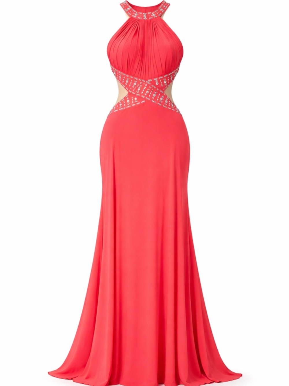 Morgan & Co. Coral Red Halter Gown with Crystal Cutouts
